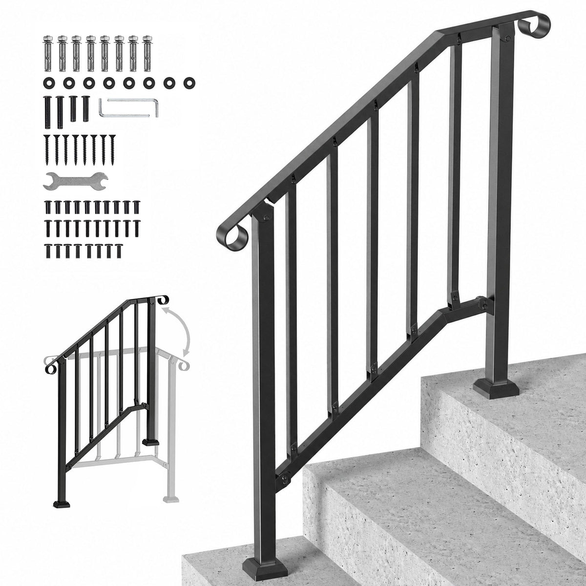 VEVOR Handrails for Outdoor Steps, 2-3 Step Stair Hand Rail Kit, Transitional Carbon Steel Railings with Installation Kit, Stair Rails for Seniors, Concrete Steps & Porch & Deck, Black Retro Arch - BPXGMDZLSLZFN6PGJV0 - view 1