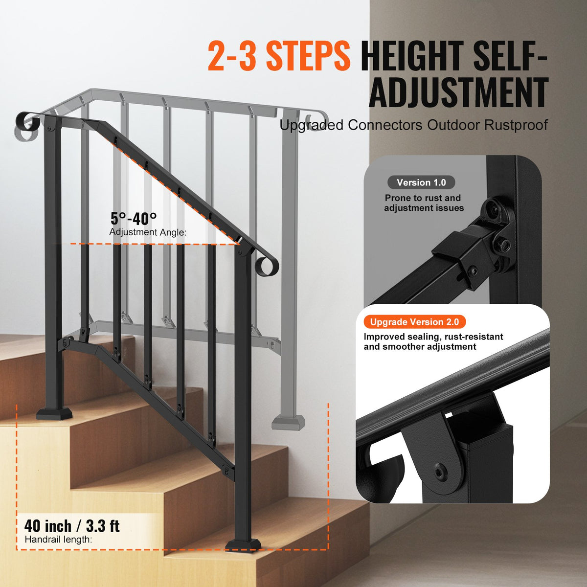 VEVOR Handrails for Outdoor Steps, 2-3 Step Stair Hand Rail Kit, Transitional Carbon Steel Railings with Installation Kit, Stair Rails for Seniors, Concrete Steps & Porch & Deck, Black Retro Arch - BPXGMDZLSLZFN6PGJV0 - view 4
