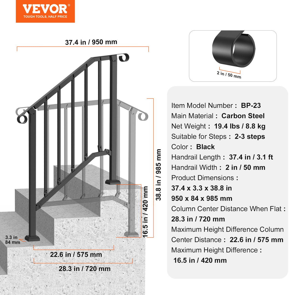 VEVOR Handrails for Outdoor Steps, 2-3 Step Stair Hand Rail Kit, Transitional Carbon Steel Railings with Installation Kit, Stair Rails for Seniors, Concrete Steps & Porch & Deck, Black Retro Arch - BPXGMDZLSLZFN6PGJV0 - view 8