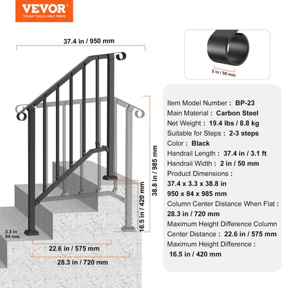 VEVOR Handrails for Outdoor Steps, 2-3 Step Stair Hand Rail Kit, Transitional Carbon Steel Railings with Installation Kit, Stair Rails for Seniors, Concrete Steps & Porch & Deck, Black Retro Arch - BPXGMDZLSLZFN6PGJV0 - view 8