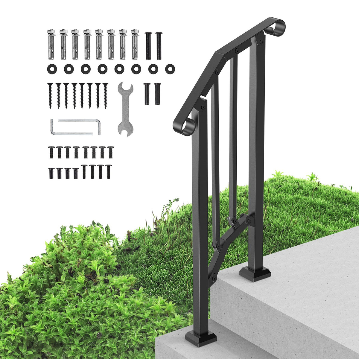VEVOR Handrails for Outdoor Steps, 1-2 Step Stair Hand Rail Kit, Transitional Carbon Steel Railings with Installation Kit, Stair Rails for Seniors, Concrete Steps & Porch & Deck, Black Retro Arch - BPXGMDZLSLZFZ28P2V0 - view 1