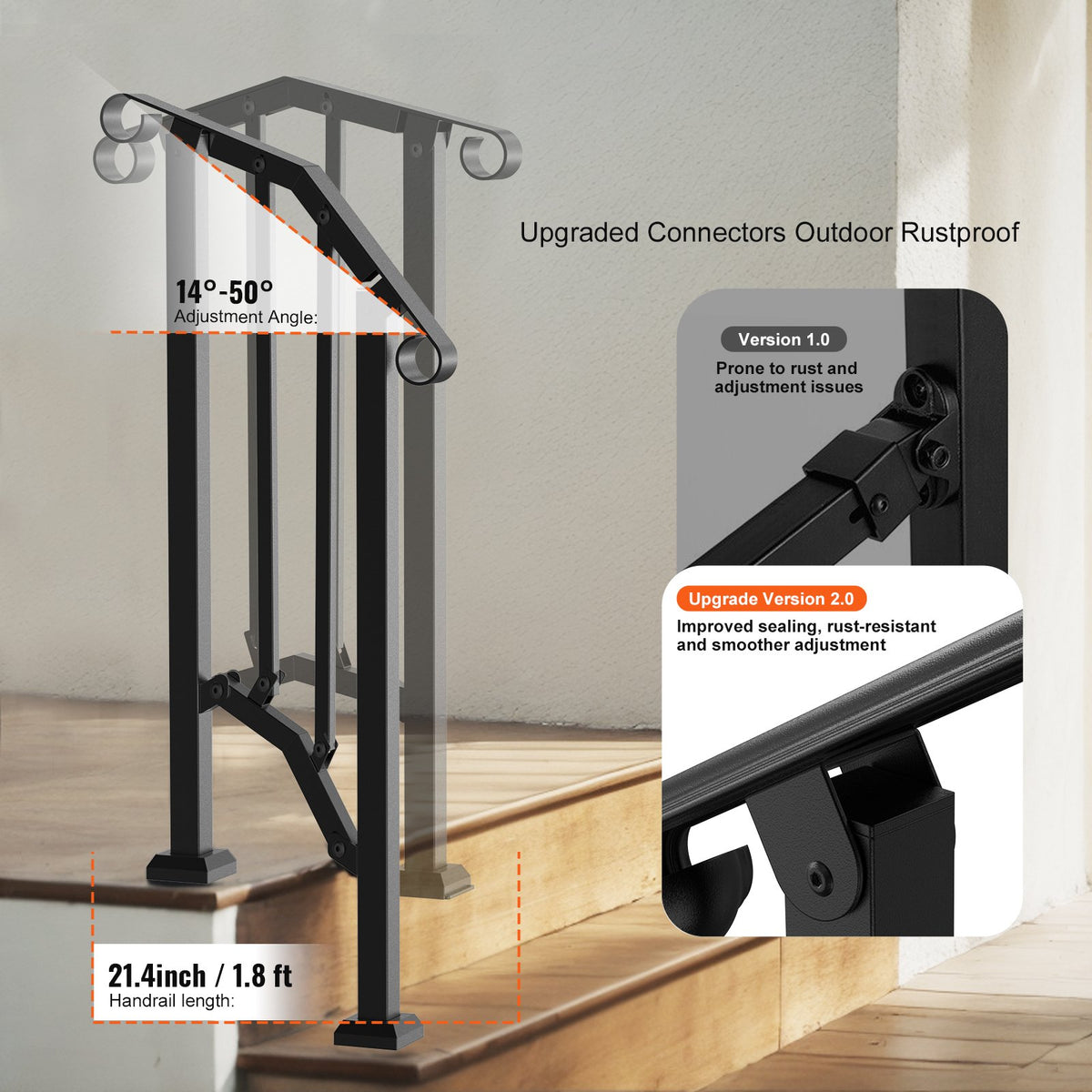 VEVOR Handrails for Outdoor Steps, 1-2 Step Stair Hand Rail Kit, Transitional Carbon Steel Railings with Installation Kit, Stair Rails for Seniors, Concrete Steps & Porch & Deck, Black Retro Arch - BPXGMDZLSLZFZ28P2V0 - view 4