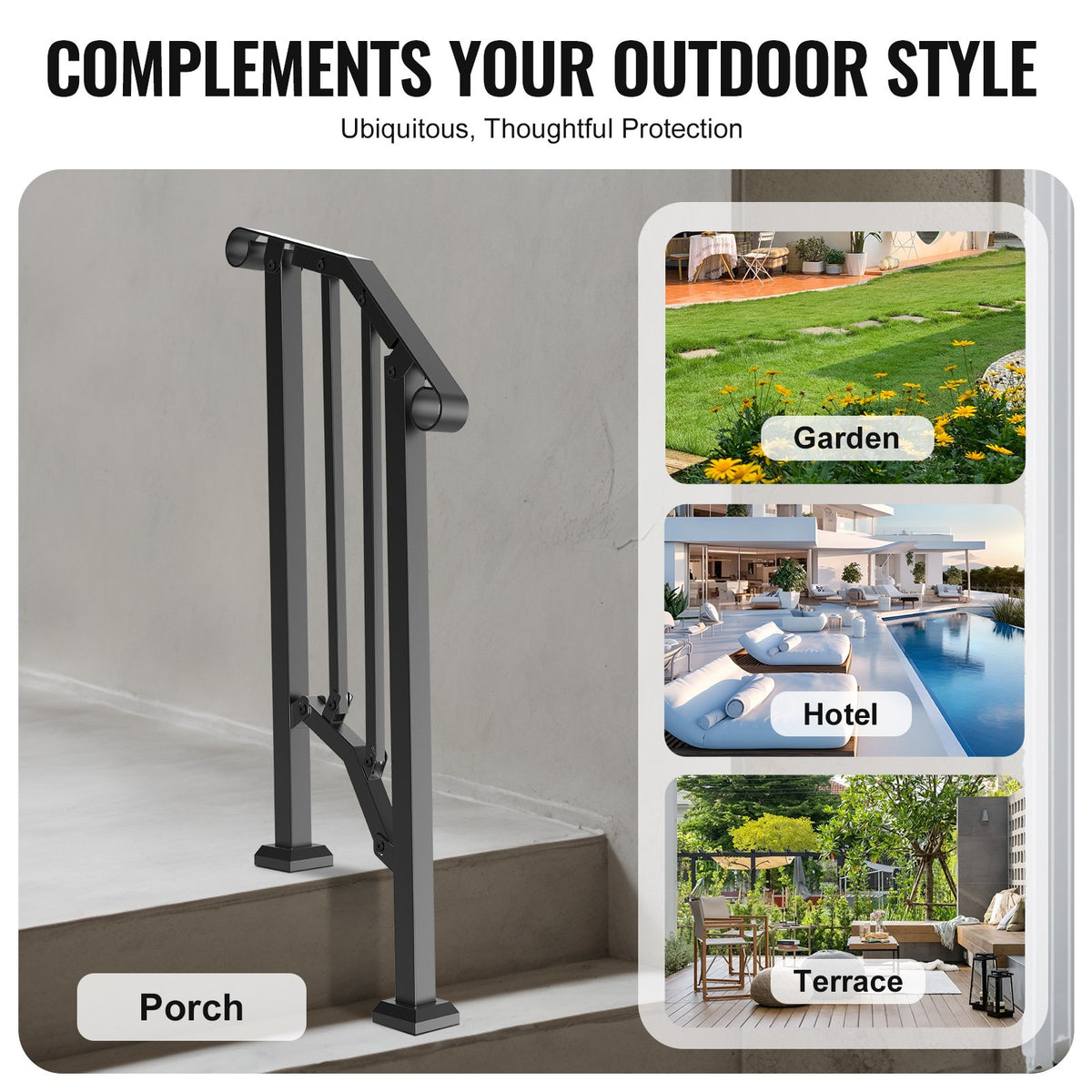 VEVOR Handrails for Outdoor Steps, 1-2 Step Stair Hand Rail Kit, Transitional Carbon Steel Railings with Installation Kit, Stair Rails for Seniors, Concrete Steps & Porch & Deck, Black Retro Arch - BPXGMDZLSLZFZ28P2V0 - view 7
