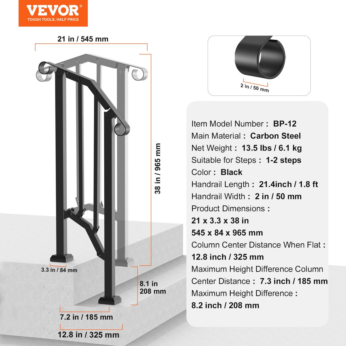 VEVOR Handrails for Outdoor Steps, 1-2 Step Stair Hand Rail Kit, Transitional Carbon Steel Railings with Installation Kit, Stair Rails for Seniors, Concrete Steps & Porch & Deck, Black Retro Arch - BPXGMDZLSLZFZ28P2V0 - view 8