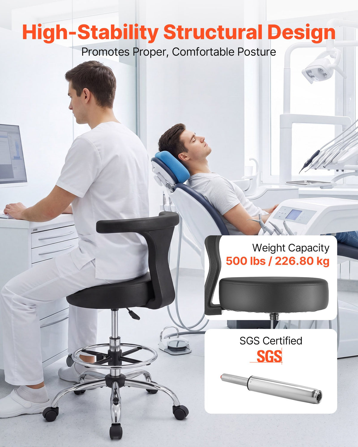 VEVOR Rolling Stool with Back Support, 500 lbs Weight Capacity, Height Adjustable, Thick Cushion Ergonomic PU Leather Seat, 360° Swivel Round Rolling Stool Chair for Dental, Salon, Clinic, Black - BQDYYDHSYX506Q736001V0 - view 3
