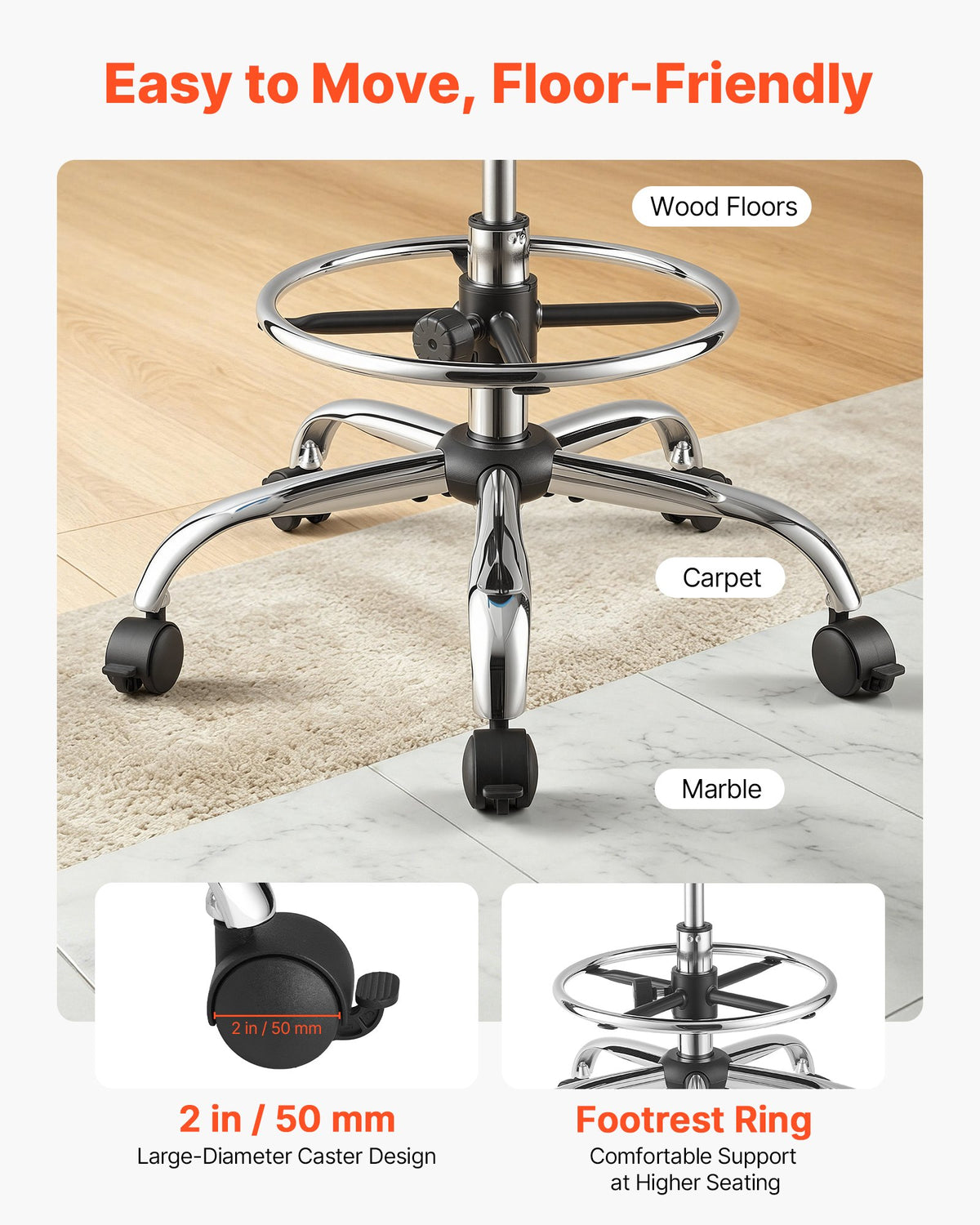 VEVOR Rolling Stool with Back Support, 500 lbs Weight Capacity, Height Adjustable, Thick Cushion Ergonomic PU Leather Seat, 360° Swivel Round Rolling Stool Chair for Dental, Salon, Clinic, Black - BQDYYDHSYX506Q736001V0 - view 6