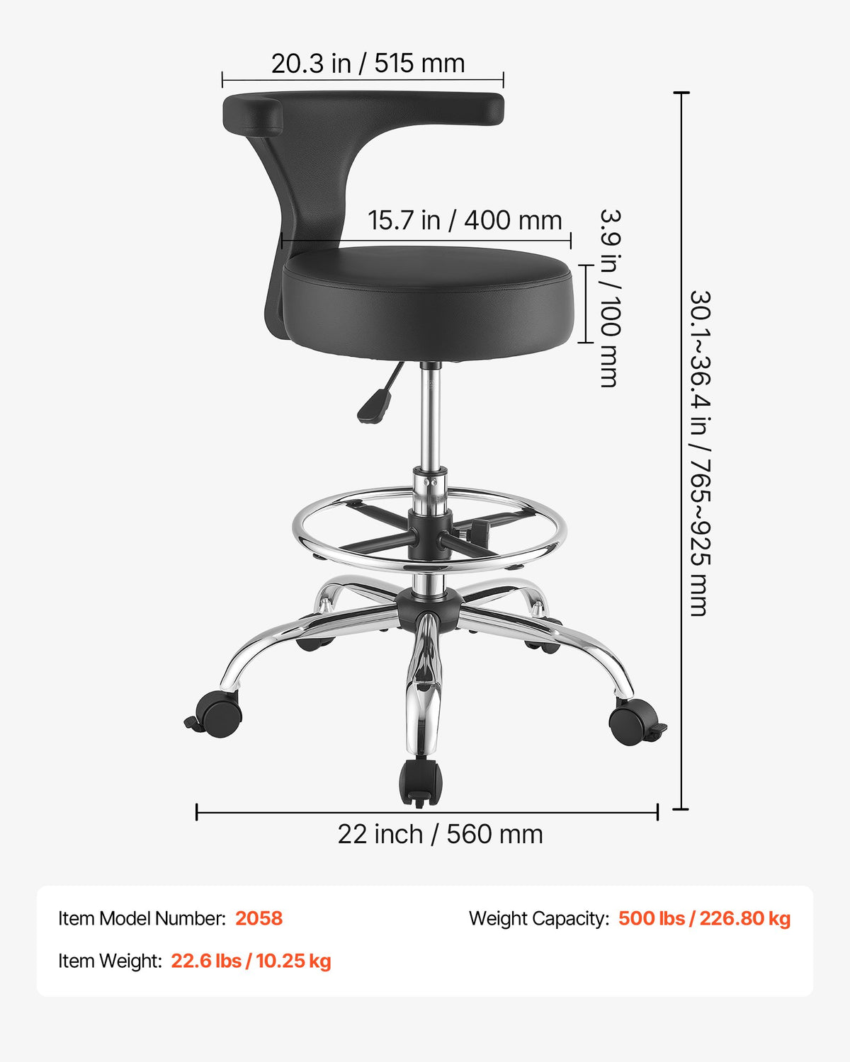 VEVOR Rolling Stool with Back Support, 500 lbs Weight Capacity, Height Adjustable, Thick Cushion Ergonomic PU Leather Seat, 360° Swivel Round Rolling Stool Chair for Dental, Salon, Clinic, Black - BQDYYDHSYX506Q736001V0 - view 8