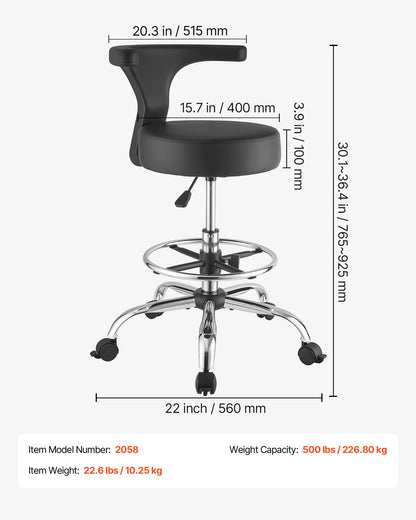 VEVOR Rolling Stool with Back Support, 500 lbs Weight Capacity, Height Adjustable, Thick Cushion Ergonomic PU Leather Seat, 360° Swivel Round Rolling Stool Chair for Dental, Salon, Clinic, Black - BQDYYDHSYX506Q736001V0 - view 8