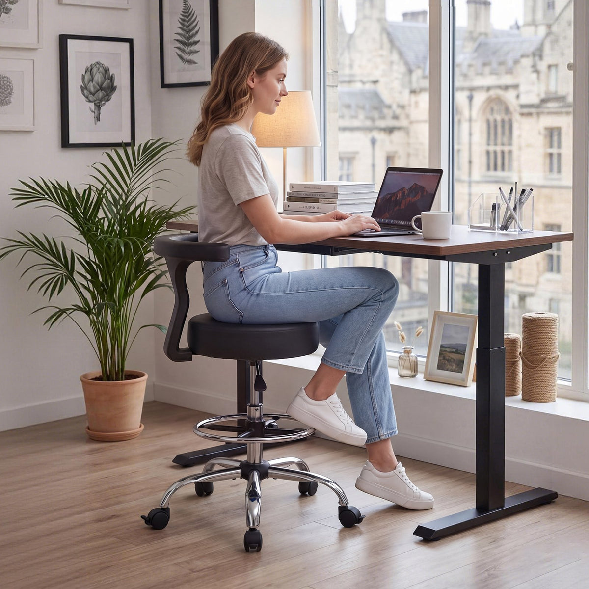 VEVOR Rolling Stool with Back Support, 500 lbs Weight Capacity, Height Adjustable, Thick Cushion Ergonomic PU Leather Seat, 360° Swivel Round Rolling Stool Chair for Dental, Salon, Clinic, Black - BQDYYDHSYX506Q736001V0 - view 9