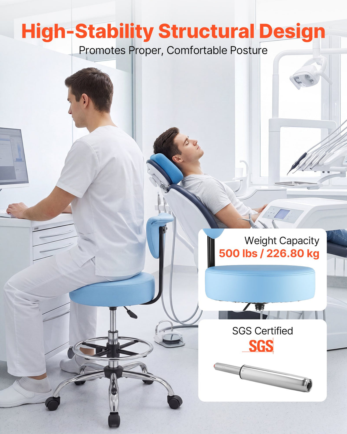 VEVOR Rolling Stool with Back Support, 500 lbs Weight Capacity, Height Adjustable, Thick Cushion Ergonomic PU Leather Seat, 360° Swivel Round Rolling Stool Chair for Dental, Salon, Clinic, Blue - BQDYYDLSYX50SXJF9001V0 - view 3