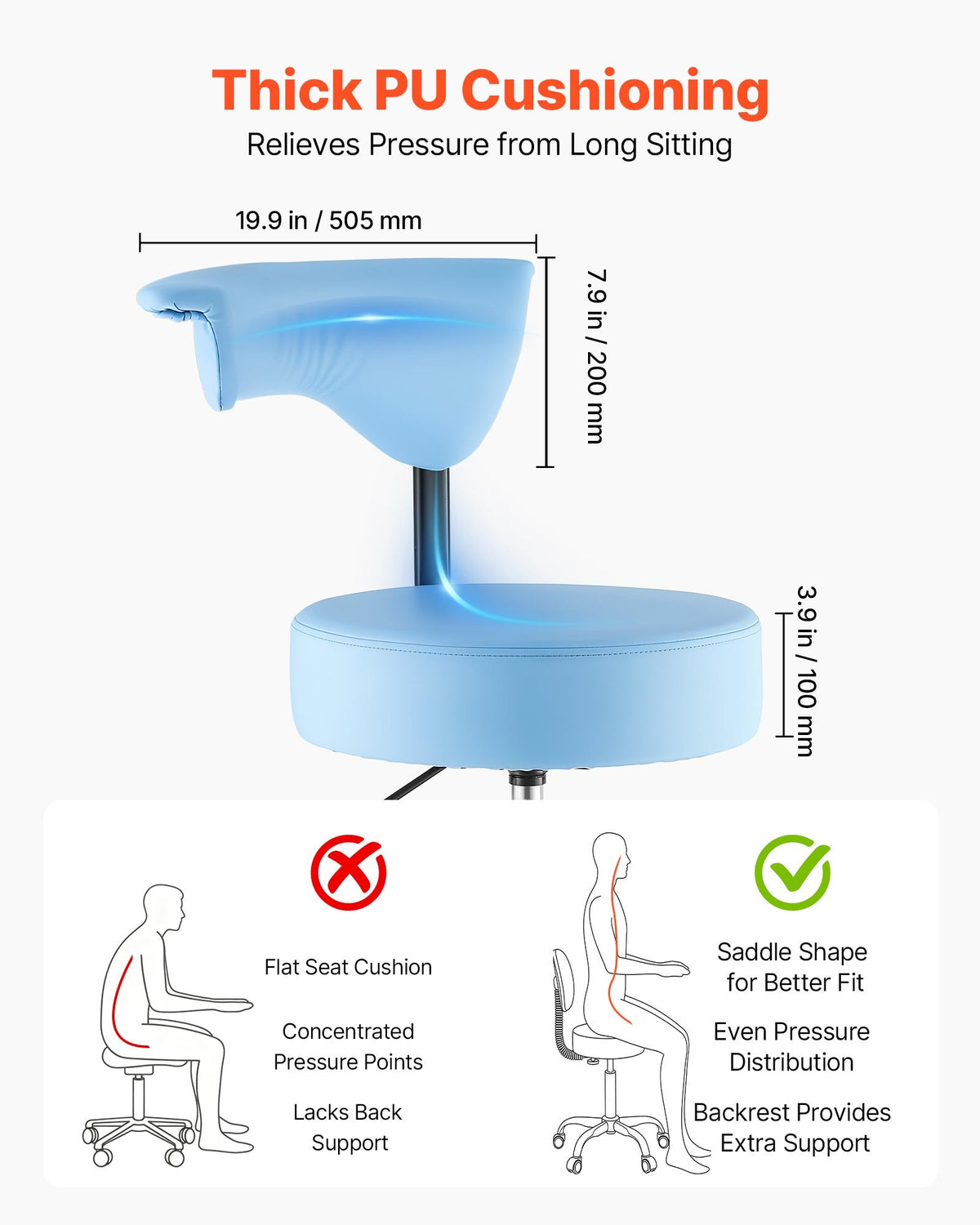 VEVOR Rolling Stool with Back Support, 500 lbs Weight Capacity, Height Adjustable, Thick Cushion Ergonomic PU Leather Seat, 360° Swivel Round Rolling Stool Chair for Dental, Salon, Clinic, Blue - BQDYYDLSYX50SXJF9001V0 - view 4