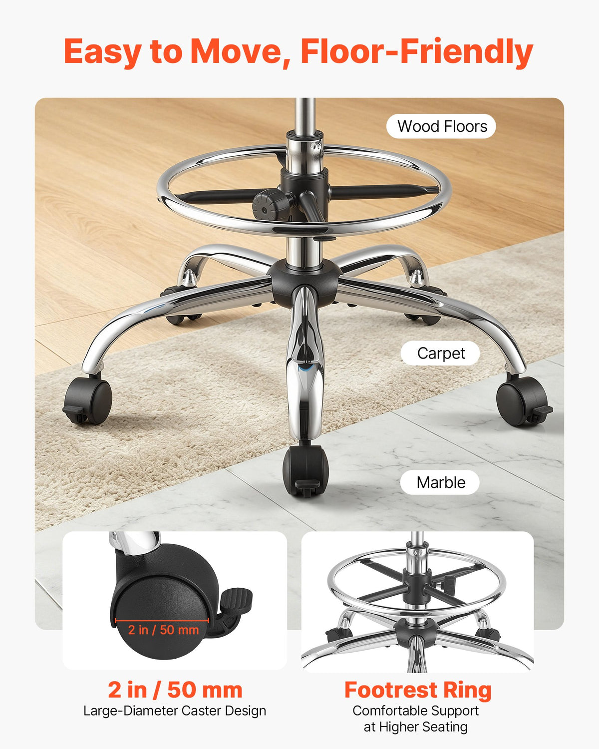 VEVOR Rolling Stool with Back Support, 500 lbs Weight Capacity, Height Adjustable, Thick Cushion Ergonomic PU Leather Seat, 360° Swivel Round Rolling Stool Chair for Dental, Salon, Clinic, Blue - BQDYYDLSYX50SXJF9001V0 - view 6
