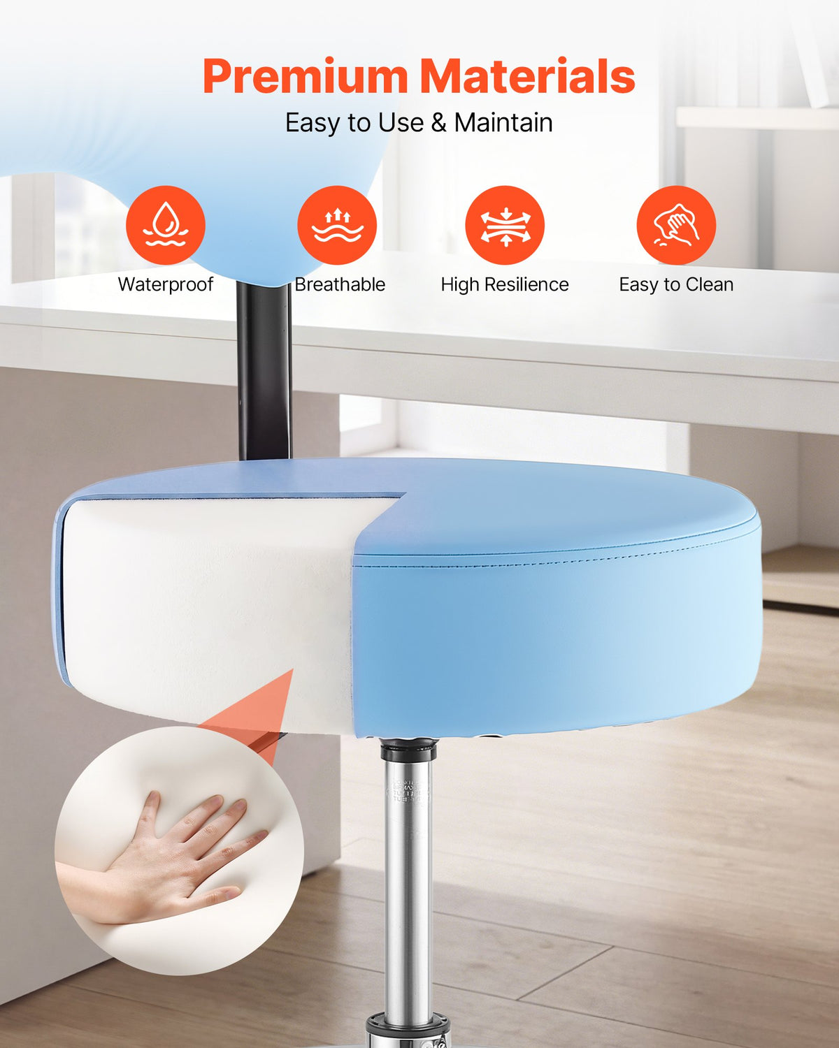 VEVOR Rolling Stool with Back Support, 500 lbs Weight Capacity, Height Adjustable, Thick Cushion Ergonomic PU Leather Seat, 360° Swivel Round Rolling Stool Chair for Dental, Salon, Clinic, Blue - BQDYYDLSYX50SXJF9001V0 - view 7