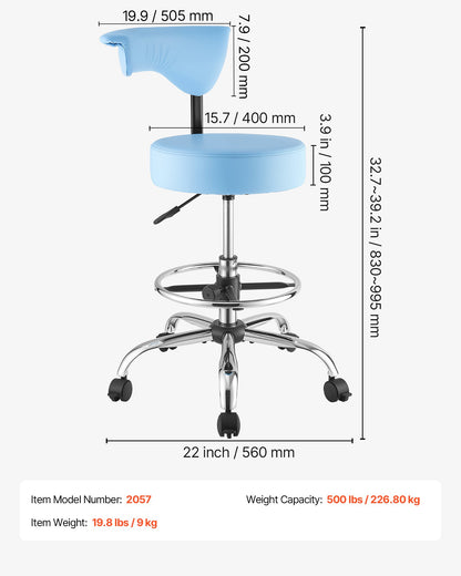 VEVOR Rolling Stool with Back Support, 500 lbs Weight Capacity, Height Adjustable, Thick Cushion Ergonomic PU Leather Seat, 360° Swivel Round Rolling Stool Chair for Dental, Salon, Clinic, Blue - BQDYYDLSYX50SXJF9001V0 - view 8