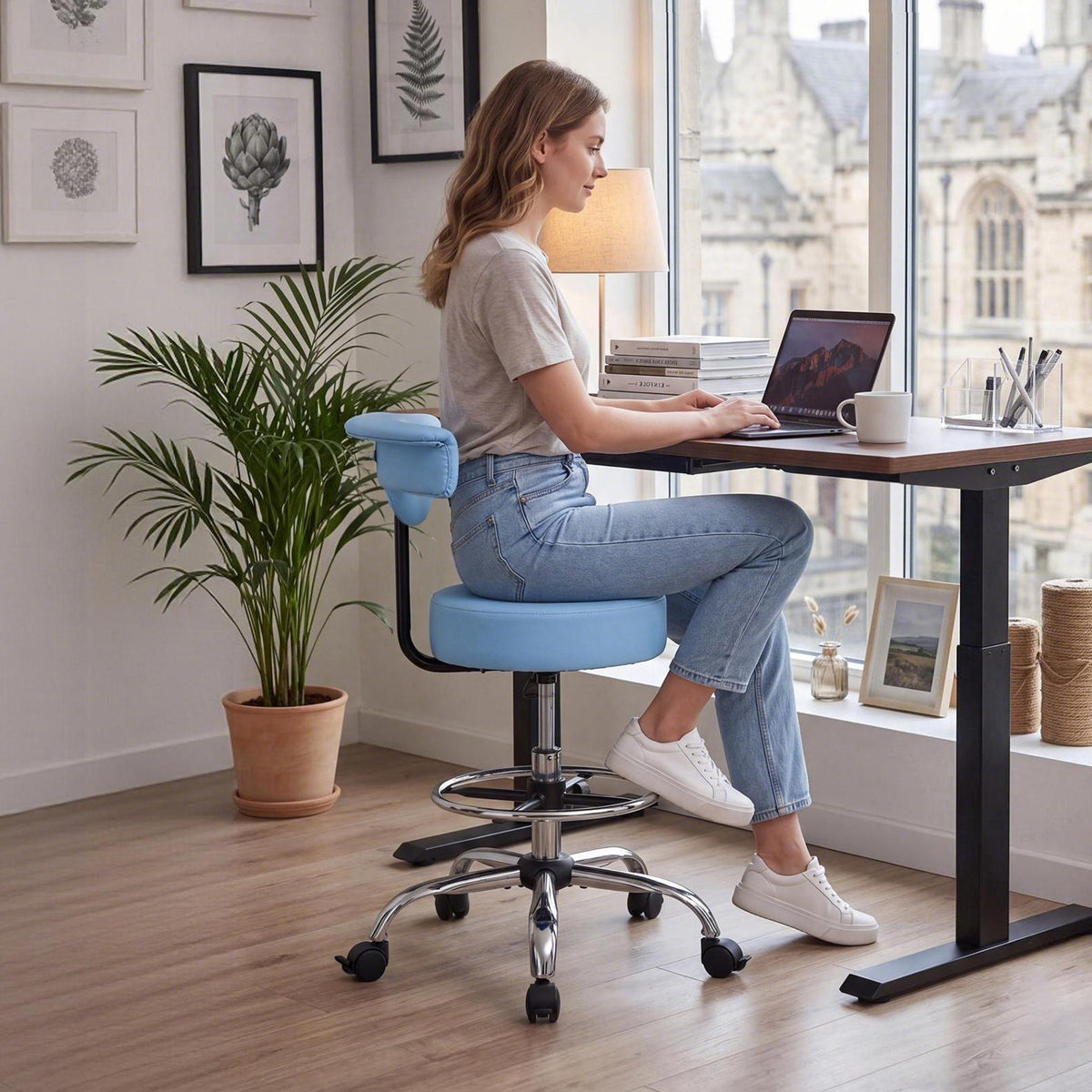 VEVOR Rolling Stool with Back Support, 500 lbs Weight Capacity, Height Adjustable, Thick Cushion Ergonomic PU Leather Seat, 360° Swivel Round Rolling Stool Chair for Dental, Salon, Clinic, Blue - BQDYYDLSYX50SXJF9001V0 - view 9