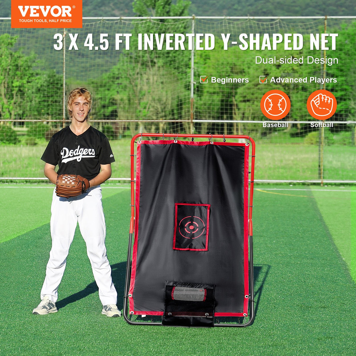 VEVOR Baseball And Softball Rebounder Net, 3.5 x 4.5 ft 2-in-1 Switch Hitter Pitch Trainer, PitchBack Baseball Pitching Return Trainer Nest, Bounce Back Net for Fielding/Throwing Practice - BQHDWDYXWEHY2V8G3V0 - view 3