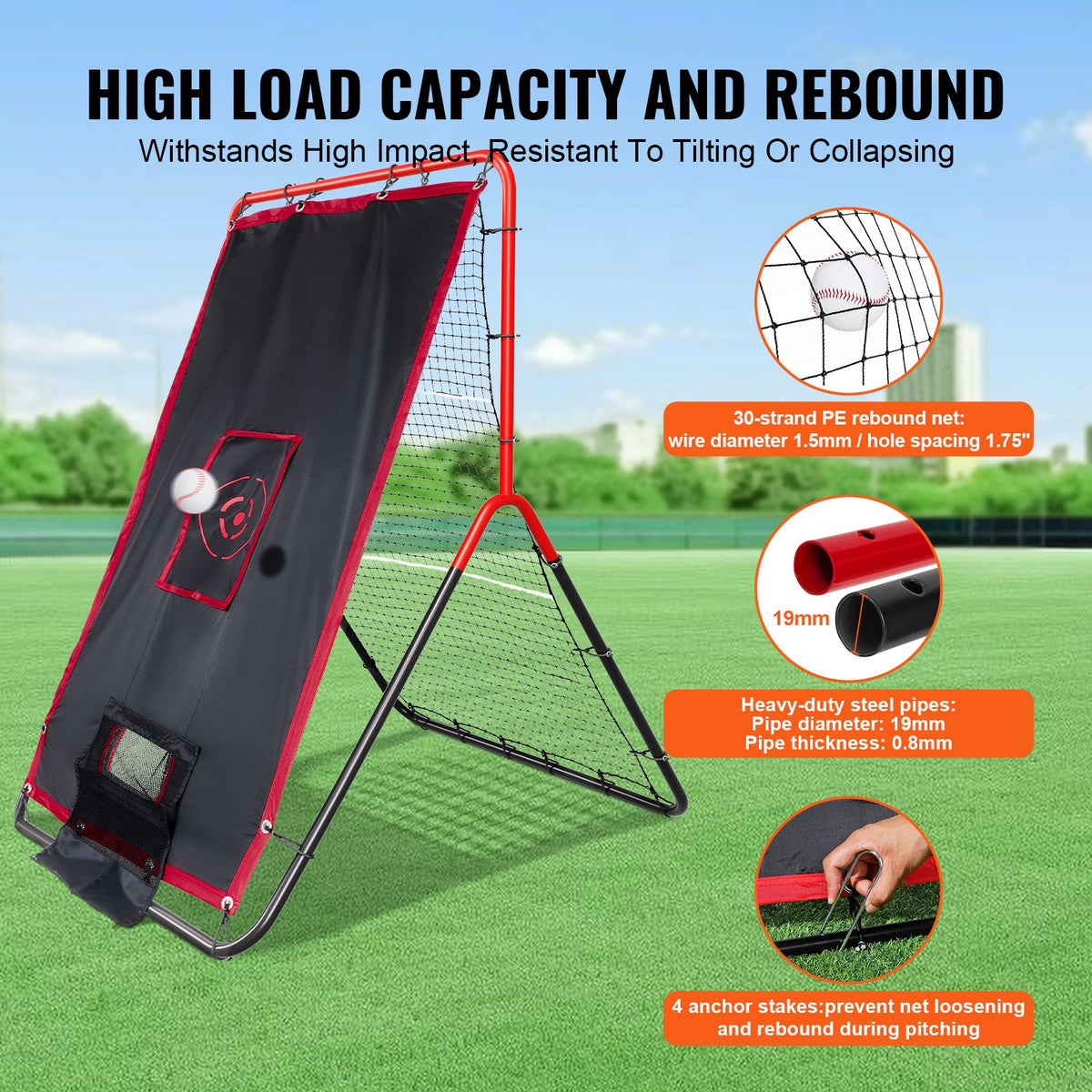 VEVOR Baseball And Softball Rebounder Net, 3.5 x 4.5 ft 2-in-1 Switch Hitter Pitch Trainer, PitchBack Baseball Pitching Return Trainer Nest, Bounce Back Net for Fielding/Throwing Practice - BQHDWDYXWEHY2V8G3V0 - view 6