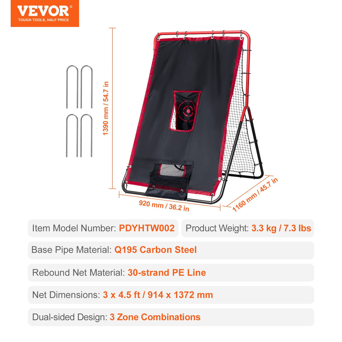 VEVOR Baseball And Softball Rebounder Net, 3.5 x 4.5 ft 2-in-1 Switch Hitter Pitch Trainer, PitchBack Baseball Pitching Return Trainer Nest, Bounce Back Net for Fielding/Throwing Practice - BQHDWDYXWEHY2V8G3V0 - view 8