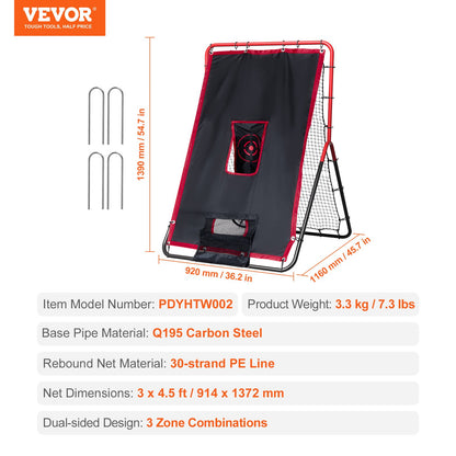 VEVOR Baseball And Softball Rebounder Net, 3.5 x 4.5 ft 2-in-1 Switch Hitter Pitch Trainer, PitchBack Baseball Pitching Return Trainer Nest, Bounce Back Net for Fielding/Throwing Practice - BQHDWDYXWEHY2V8G3V0 - view 8