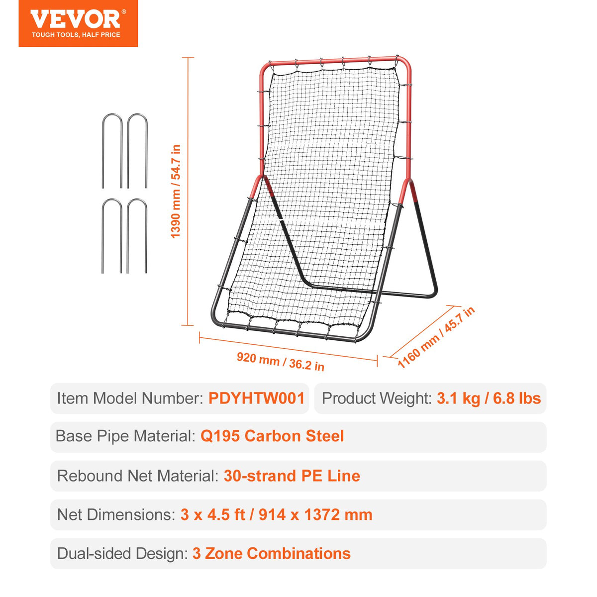 VEVOR Baseball And Softball Rebounder Net, 3 x 4.5 ft PitchBack Baseball Pitching Nest, 3-Way Baseball, Softball Pitchback Net, Fielding Trainer, Bounce Back Net for Fielding/Throwing Practice - BQHDWDYXWGDJV7BWFV0 - view 8