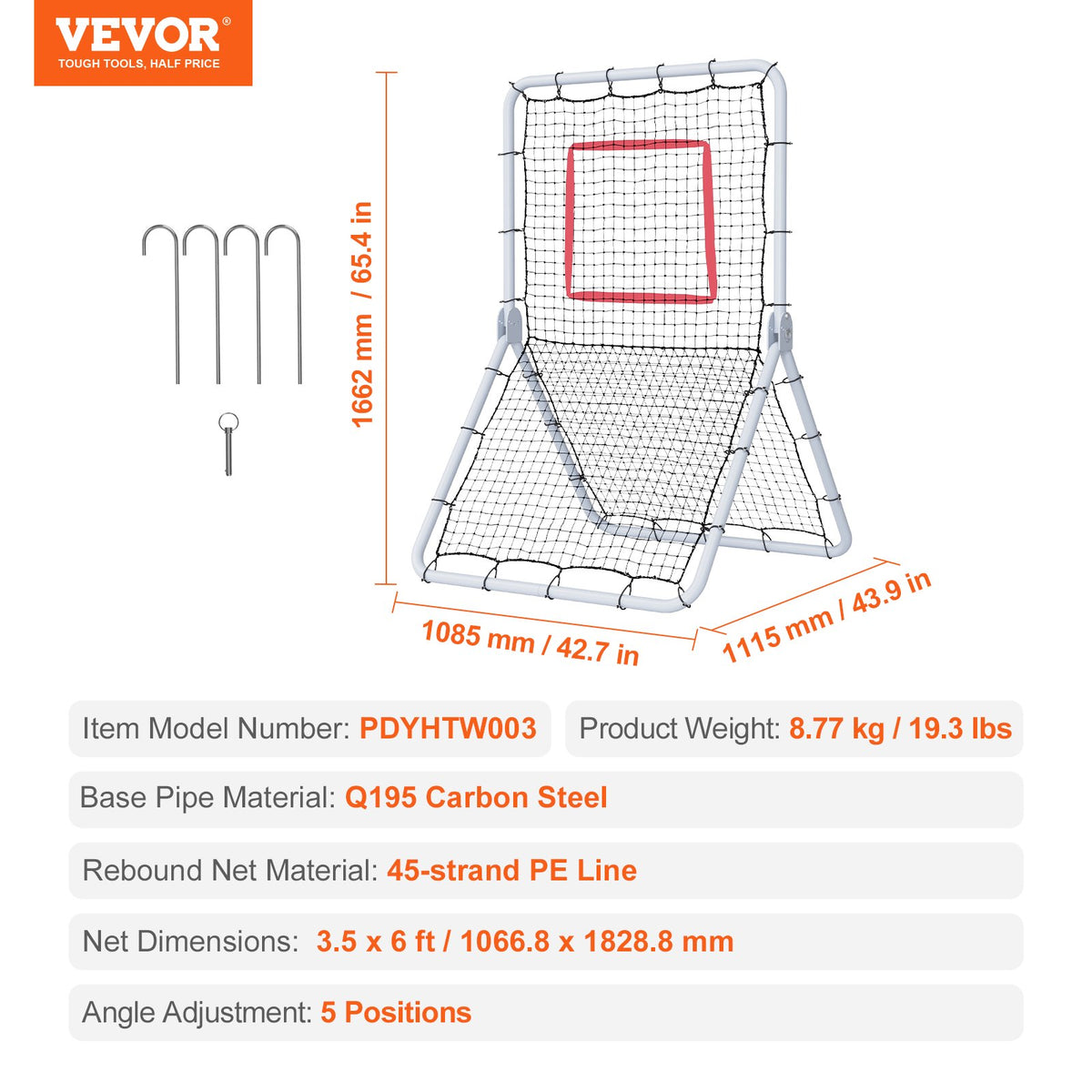VEVOR Baseball And Softball Rebounder Net, 3.5 x 6 ft PitchBack Baseball Pitching Nest, Softball Pitchback Net, Fielding Trainer, Bounce Back Net for Fielding/Throwing Practice, 5 Adjustable Angles - BQHDWDYXWJDKP6FD7V0 - view 8