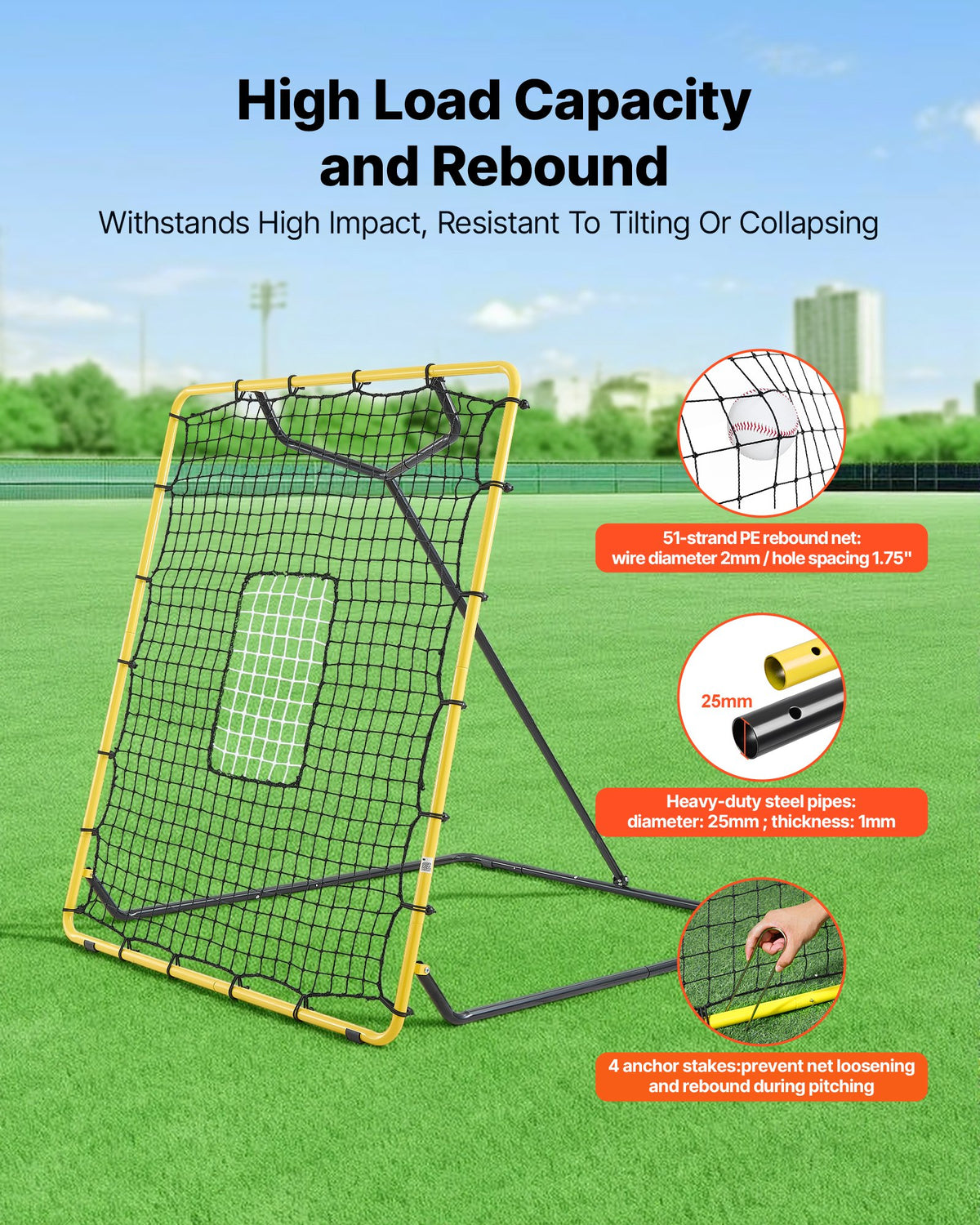 VEVOR Baseball Softball Rebounder Net 4 x 4.5 ft Pitch Back Trainer Target, 4 Adjustable Angles with Strike Zone, Steel Frame, Bounce Back Net for Pitching & Fielding Training, Return Practice - BQHDWJDKD445BMLCB001V0 - view 6