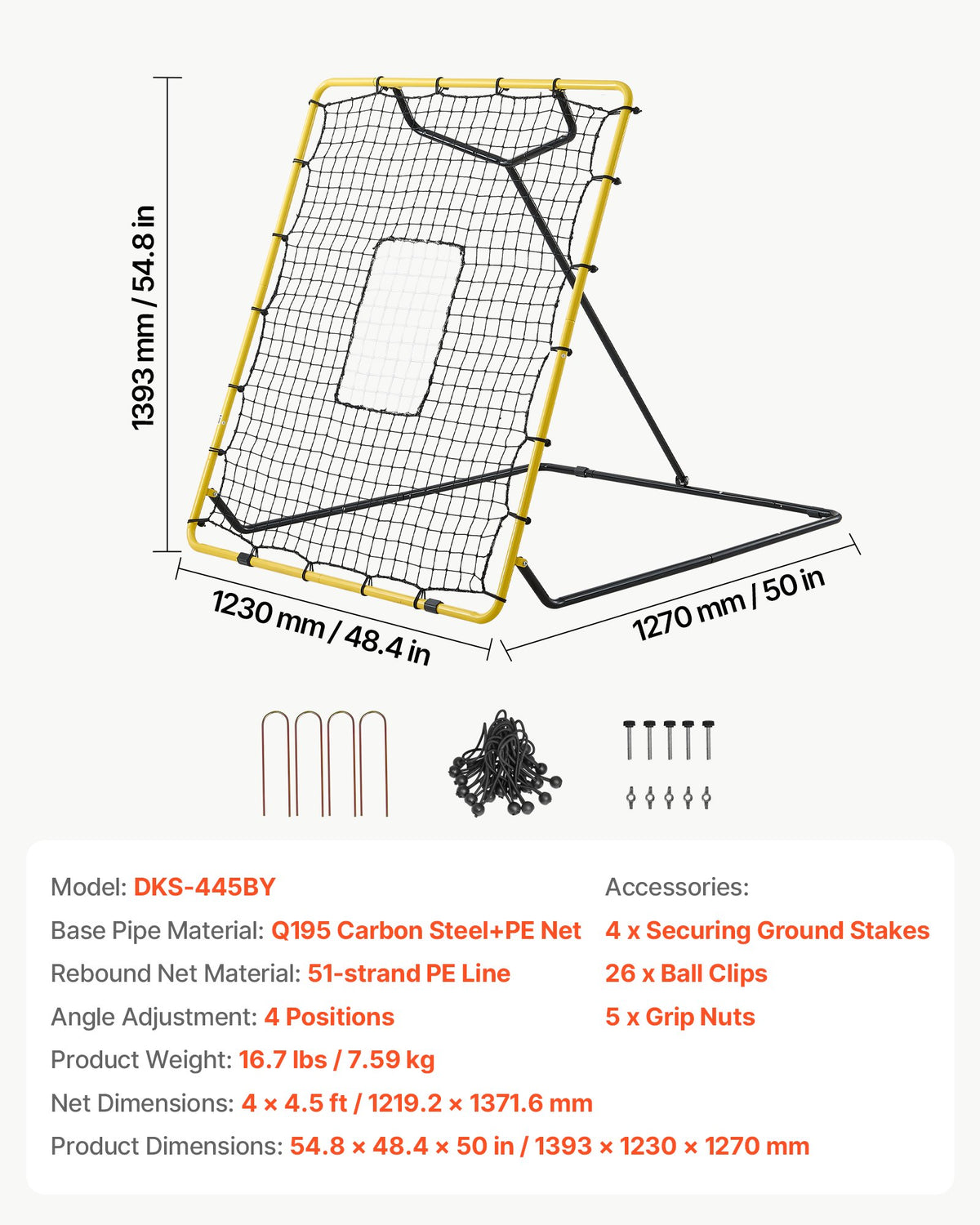 VEVOR Baseball Softball Rebounder Net 4 x 4.5 ft Pitch Back Trainer Target, 4 Adjustable Angles with Strike Zone, Steel Frame, Bounce Back Net for Pitching & Fielding Training, Return Practice - BQHDWJDKD445BMLCB001V0 - view 8