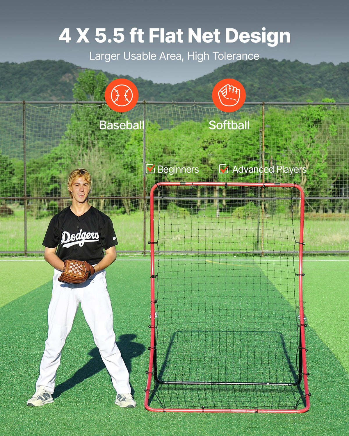 VEVOR Baseball Softball Rebounder Net 4 x 5.5 ft Pitch Back Trainer, 5 Adjustable Angles, Heavy-duty Steel Frame, All Angle Bounce Back Net for Pitching & Fielding Training Aid, Return Practice - BQHDWJDKD455XYST9001V0 - view 3