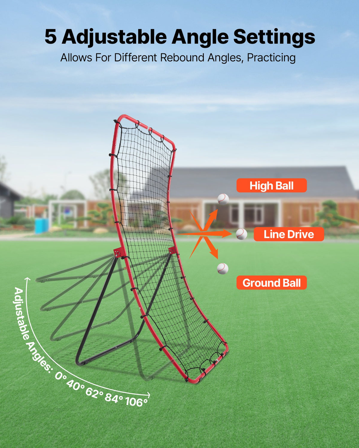 VEVOR Baseball Softball Rebounder Net 4 x 5.5 ft Pitch Back Trainer, 5 Adjustable Angles, Heavy-duty Steel Frame, All Angle Bounce Back Net for Pitching & Fielding Training Aid, Return Practice - BQHDWJDKD455XYST9001V0 - view 4