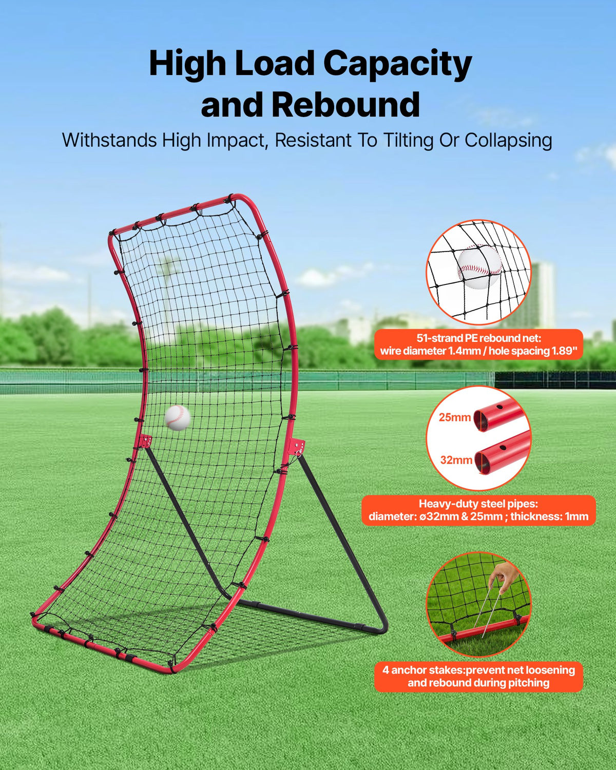 VEVOR Baseball Softball Rebounder Net 4 x 5.5 ft Pitch Back Trainer, 5 Adjustable Angles, Heavy-duty Steel Frame, All Angle Bounce Back Net for Pitching & Fielding Training Aid, Return Practice - BQHDWJDKD455XYST9001V0 - view 6