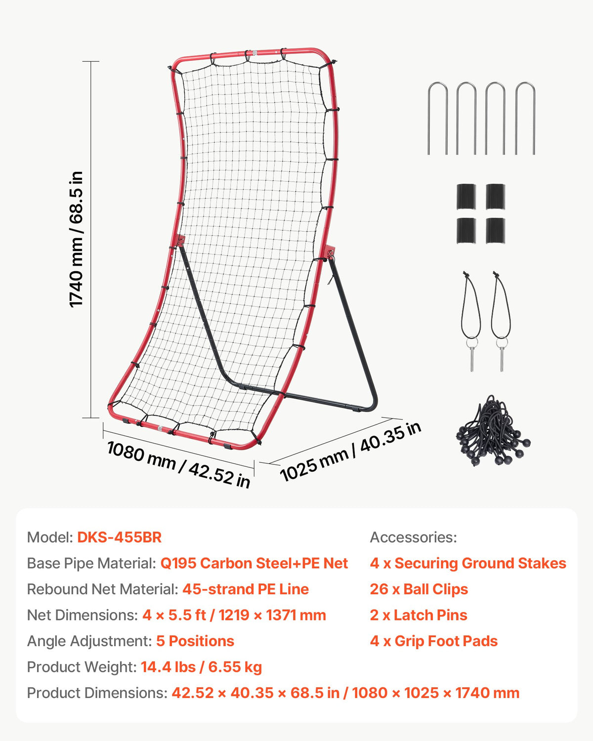 VEVOR Baseball Softball Rebounder Net 4 x 5.5 ft Pitch Back Trainer, 5 Adjustable Angles, Heavy-duty Steel Frame, All Angle Bounce Back Net for Pitching & Fielding Training Aid, Return Practice - BQHDWJDKD455XYST9001V0 - view 8