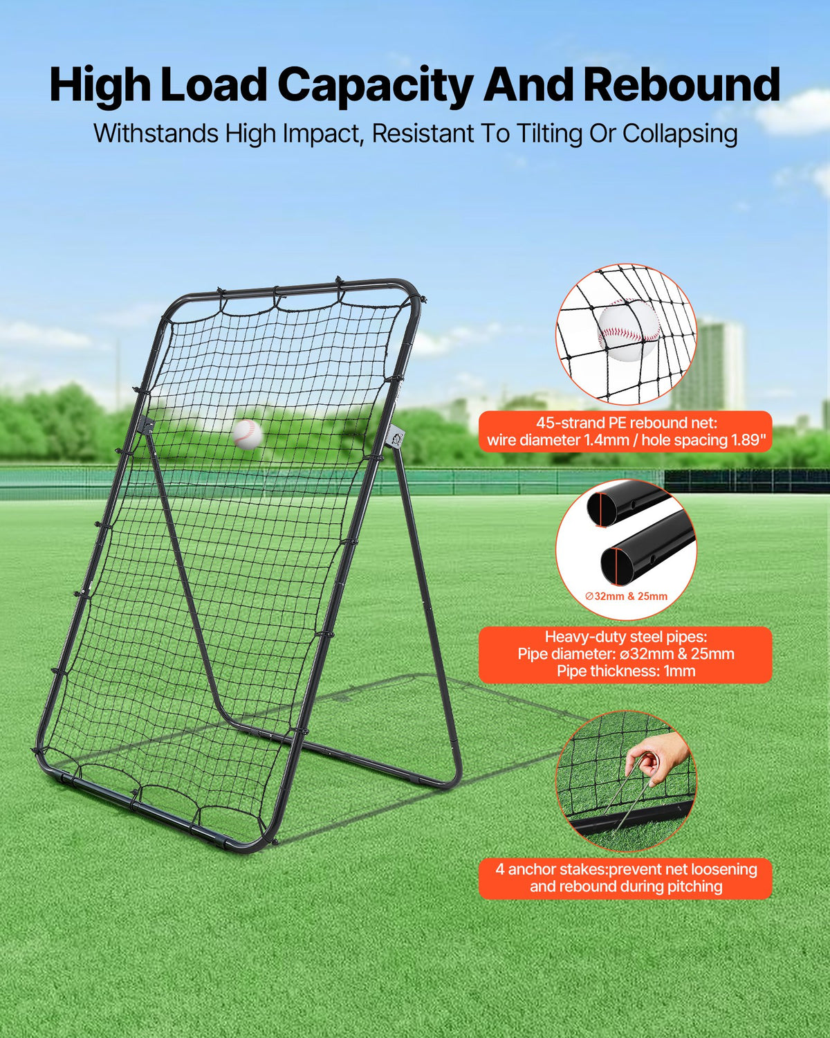 VEVOR Baseball Softball Rebounder Net 4 x 6 ft Pitch Back Trainer Target, 5 Adjustable Angles with Strike Zone, Steel Frame, Bounce Back Net for Pitching & Fielding Training, Return Practice - BQHDWJDKD46FJ8UGP001V0 - view 6