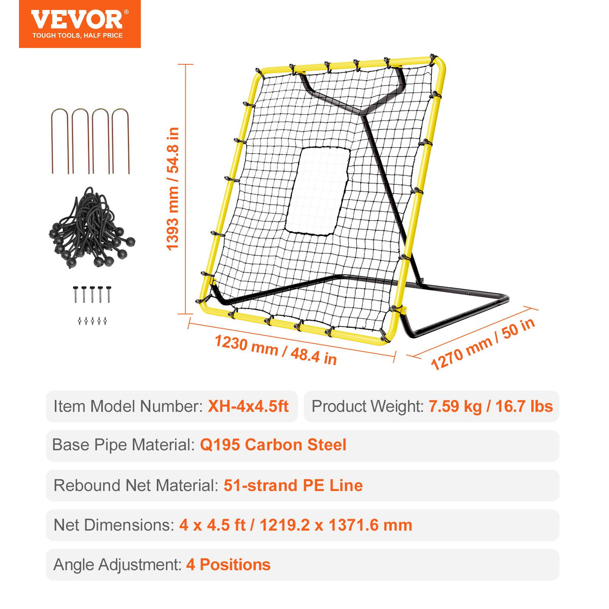 VEVOR Baseball And Softball Rebounder Net, 4 x 4.5 Feet PitchBack Baseball Nest for Pitching and Fielding Training, Pitch Return Trainer Rebound Net with Pitching Target, 4 Adjustable Angles - BQHDWPWJDKD41TLV7V0 - view 8