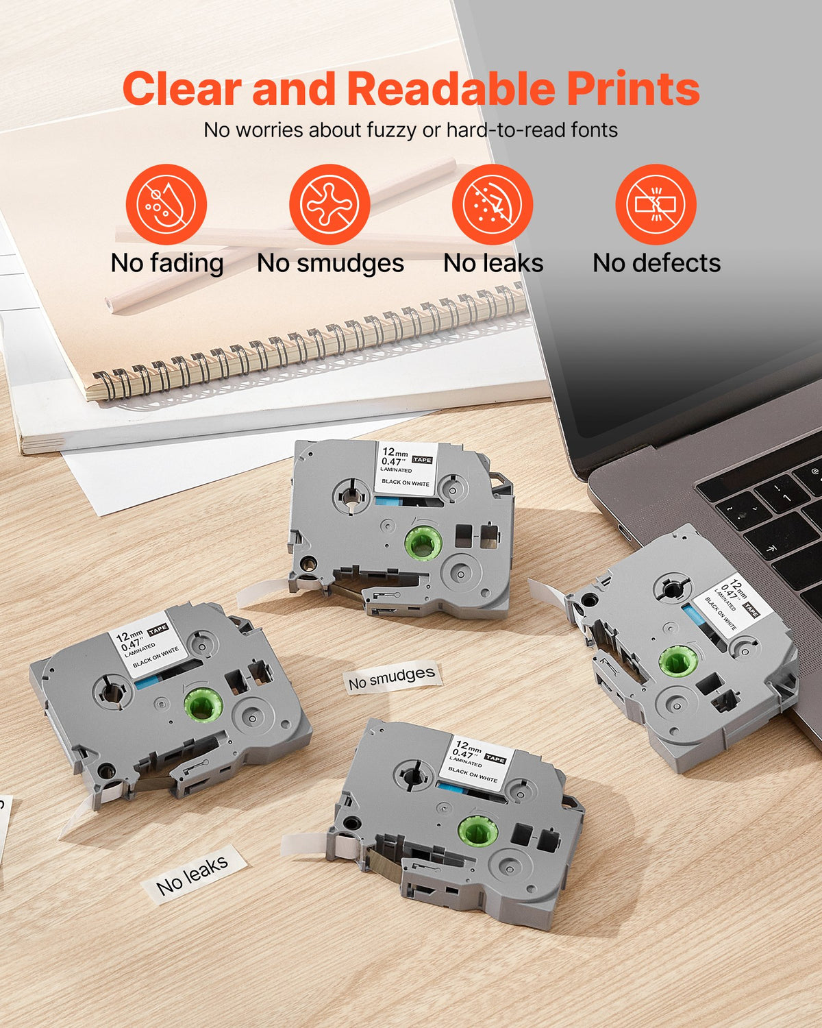 VEVOR Label Maker Tape, 4 Pack, 0.47 in / 12 mm Black on White Label Maker Refills Compatible for Various Types of Brother P-Touch Labelers