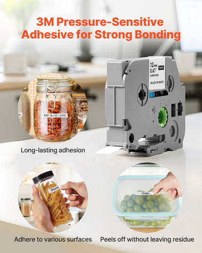 VEVOR Label Maker Tape, 4 Pack, 0.47 in / 12 mm Black on White Label Maker Refills Compatible for Various Types of Brother P-Touch Labelers