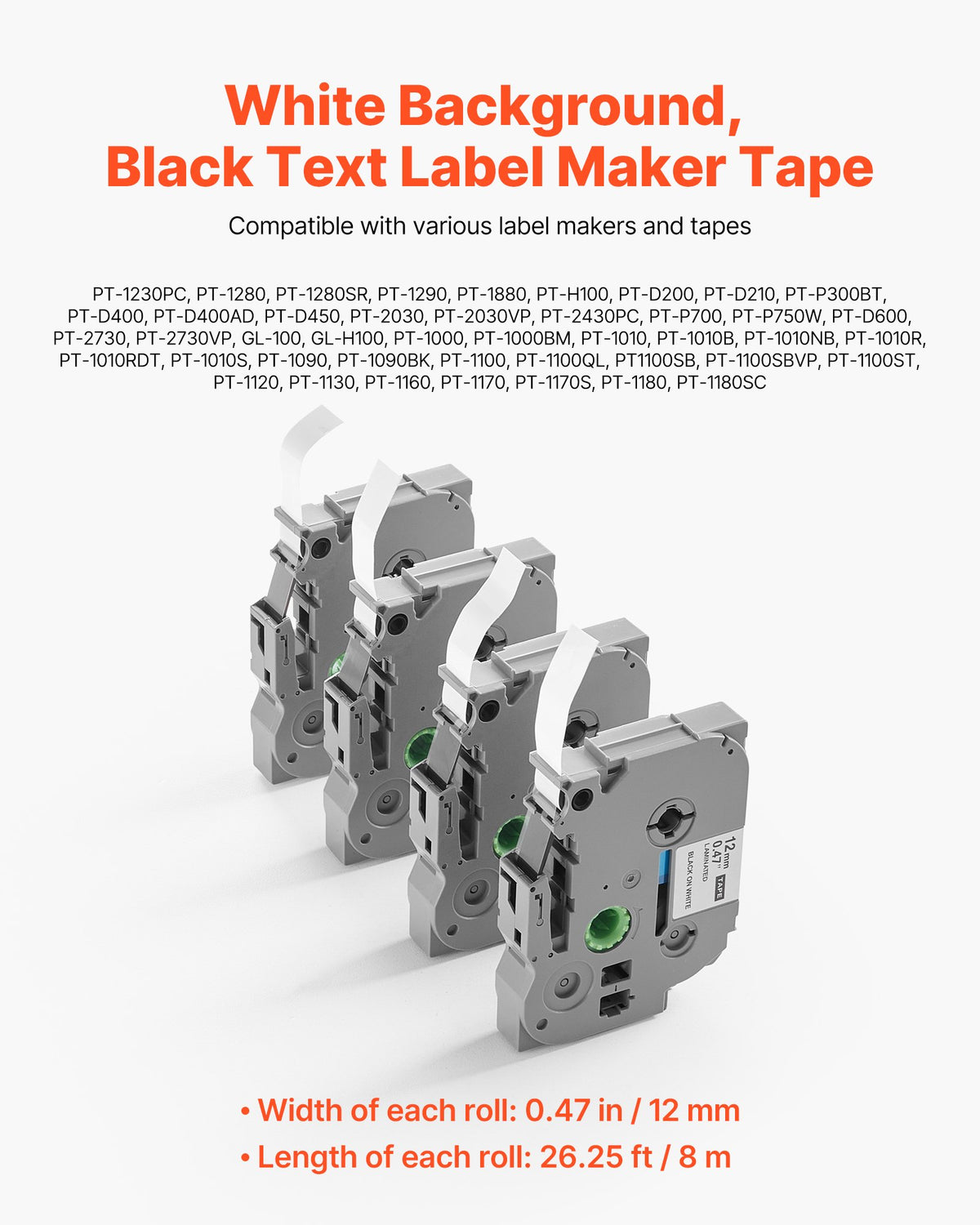 VEVOR Label Maker Tape, 4 Pack, 0.47 in / 12 mm Black on White Label Maker Refills Compatible for Various Types of Brother P-Touch Labelers