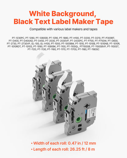 VEVOR Label Maker Tape, 4 Pack, 0.47 in / 12 mm Black on White Label Maker Refills Compatible for Various Types of Brother P-Touch Labelers