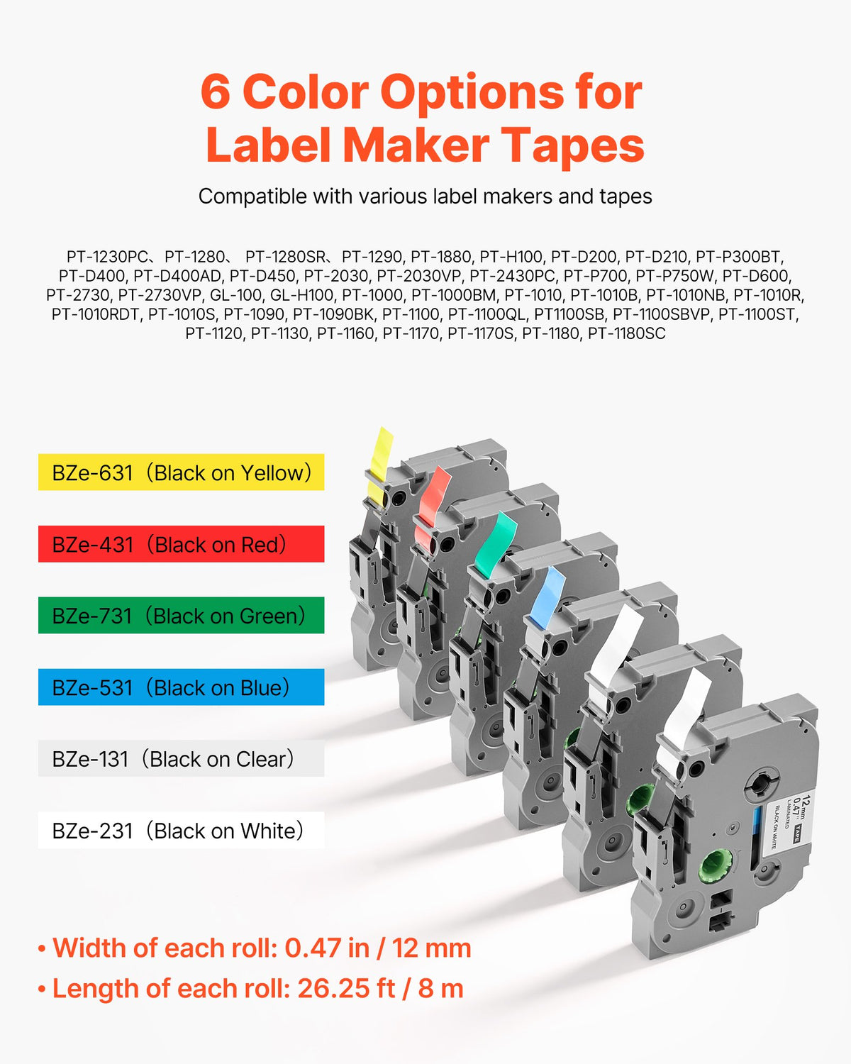 VEVOR Label Maker Tape, 6 Pack, 0.47 in / 12 mm Colored Label Maker Refills Compatible for Various Types of Brother P-Touch, Replacement for Letra Tag TZe-131 TZe-231 TZe-431 TZe-531 TZe-631 TZe-731 - BQJSDRZYTMHLEU1U8001V0 - view 7