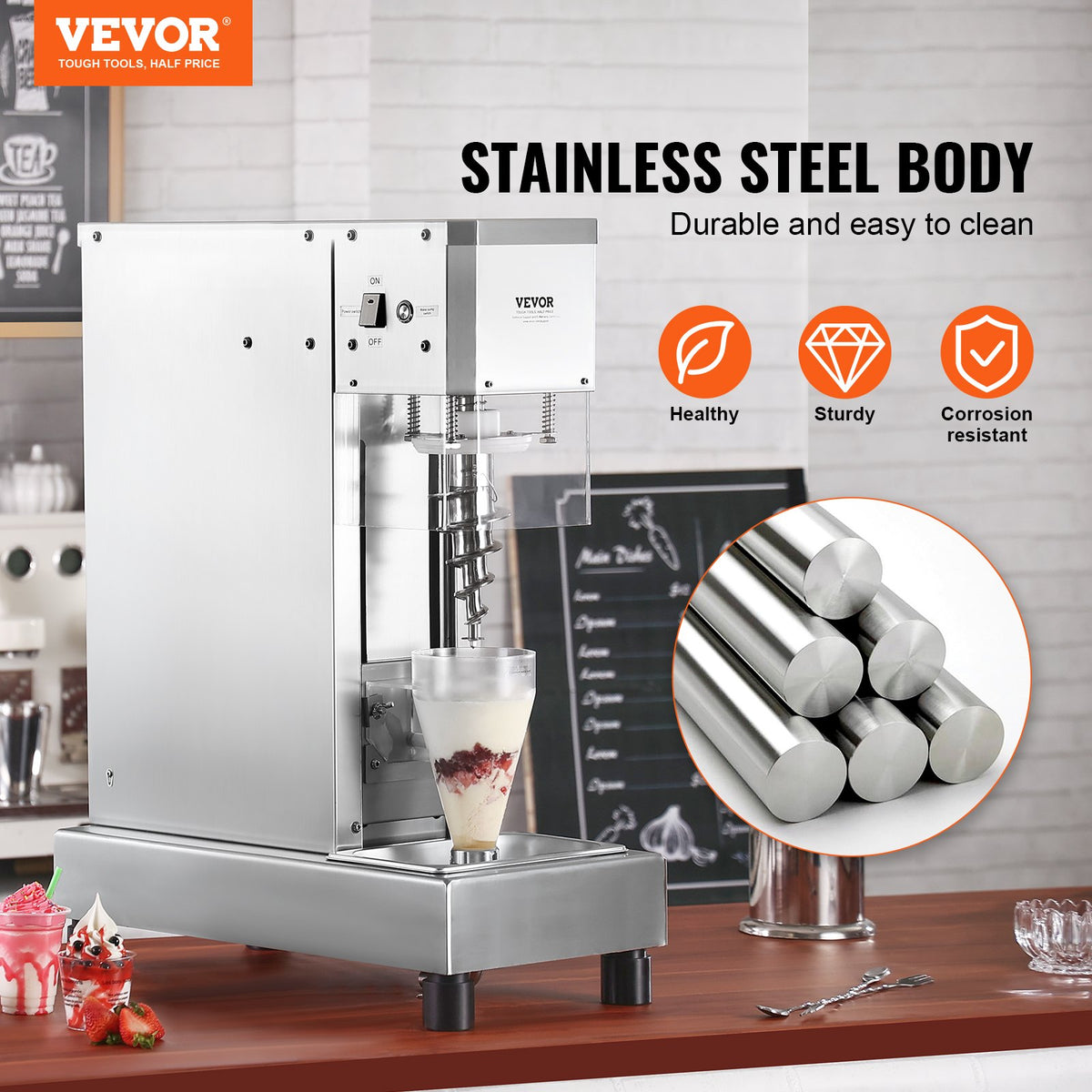 VEVOR Ice Cream Blender, 750W High-Speed Ice Cream Maker Mixer Stir Machine 1740RPM, 304 Stainless Steel Ice Cream Shaker, Long Handle + PC Protective Shield, Customizable with any Flavor of Ice Cream - BQLJBJBZL750YIE4AV1 - view 3