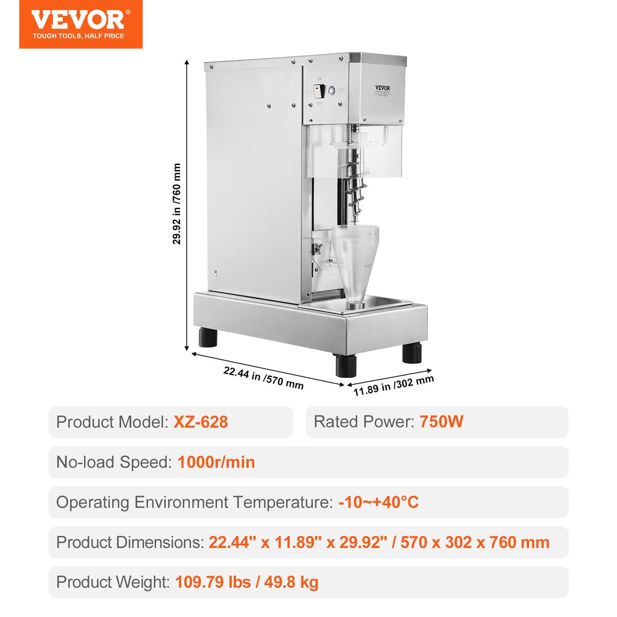 VEVOR Ice Cream Blender, 750W High-Speed Ice Cream Maker Mixer Stir Machine 1740RPM, 304 Stainless Steel Ice Cream Shaker, Long Handle + PC Protective Shield, Customizable with any Flavor of Ice Cream - BQLJBJBZL750YIE4AV1 - view 8