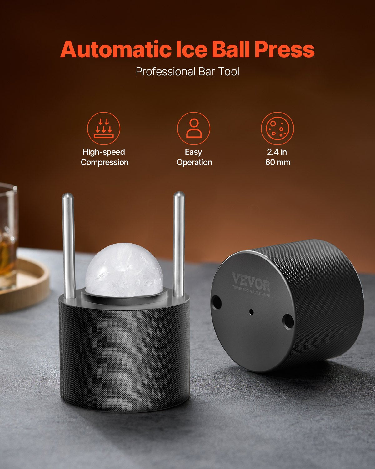 VEVOR Ice Ball Press Kit, Aviation Aluminum Ice Press with Ice Block Mold, Large Mat, Tong, Drip Tray, One Glass, Round Ice Ball Maker 2.4"/60 mm Ice Sphere, for Whiskey, Cocktail on Party & Holiday - BQYJHSLC60MME72PMV0 - view 3