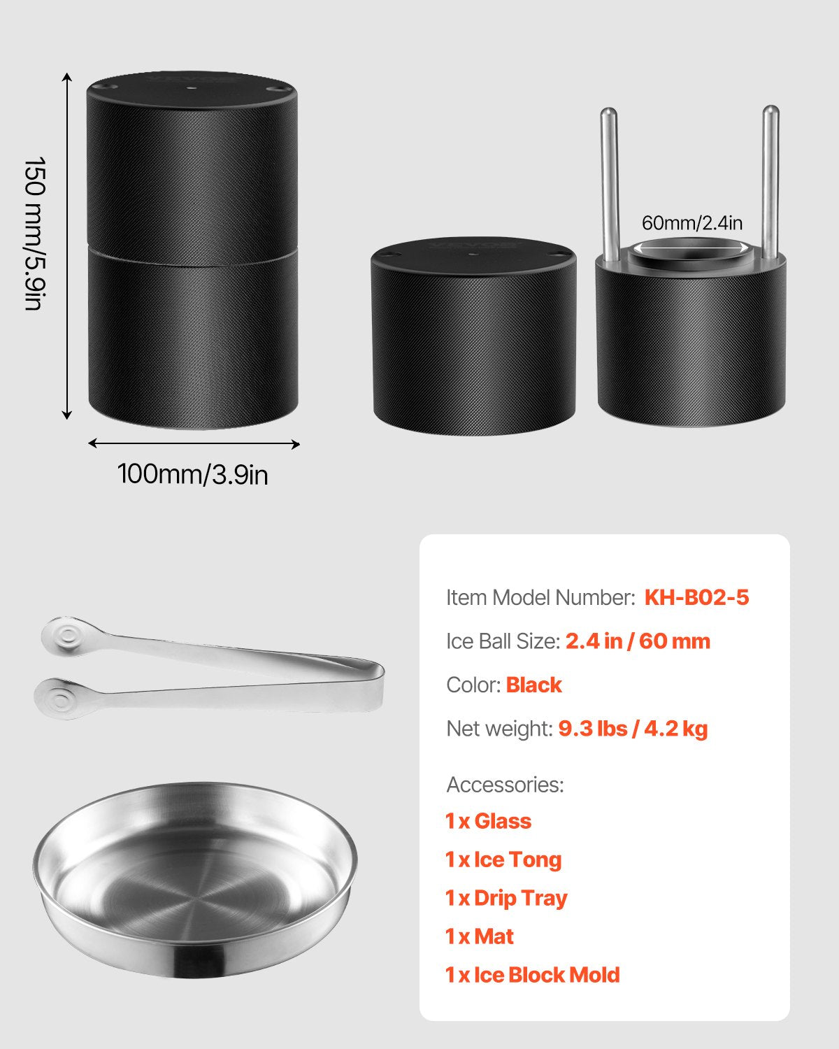 VEVOR Ice Ball Press Kit, Aviation Aluminum Ice Press with Ice Block Mold, Large Mat, Tong, Drip Tray, One Glass, Round Ice Ball Maker 2.4"/60 mm Ice Sphere, for Whiskey, Cocktail on Party & Holiday - BQYJHSLC60MME72PMV0 - view 8