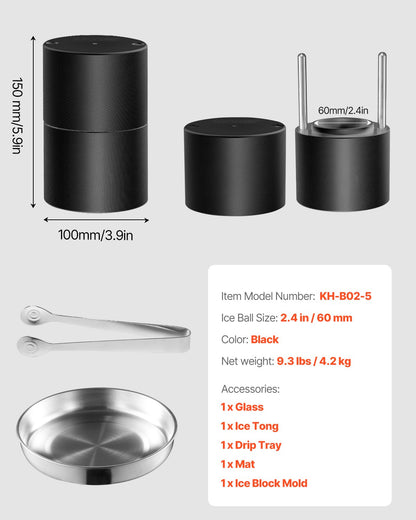 VEVOR Ice Ball Press Kit, Aviation Aluminum Ice Press with Ice Block Mold, Large Mat, Tong, Drip Tray, One Glass, Round Ice Ball Maker 2.4"/60 mm Ice Sphere, for Whiskey, Cocktail on Party & Holiday - BQYJHSLC60MME72PMV0 - view 8