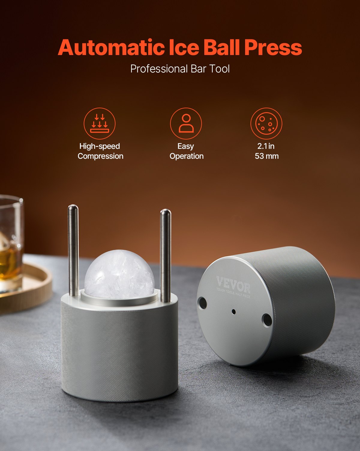 VEVOR Ice Ball Press, 2.1" Ice Ball Maker, Aviation Aluminum Ice Ball Press Kit for 53mm Ice Sphere, Ice Press with Tong and Drip Tray, for Whiskey, Cocktail, Bourbon, Scot on Party & Holiday - BQYJYSLC53MMB9SO7V0 - view 3