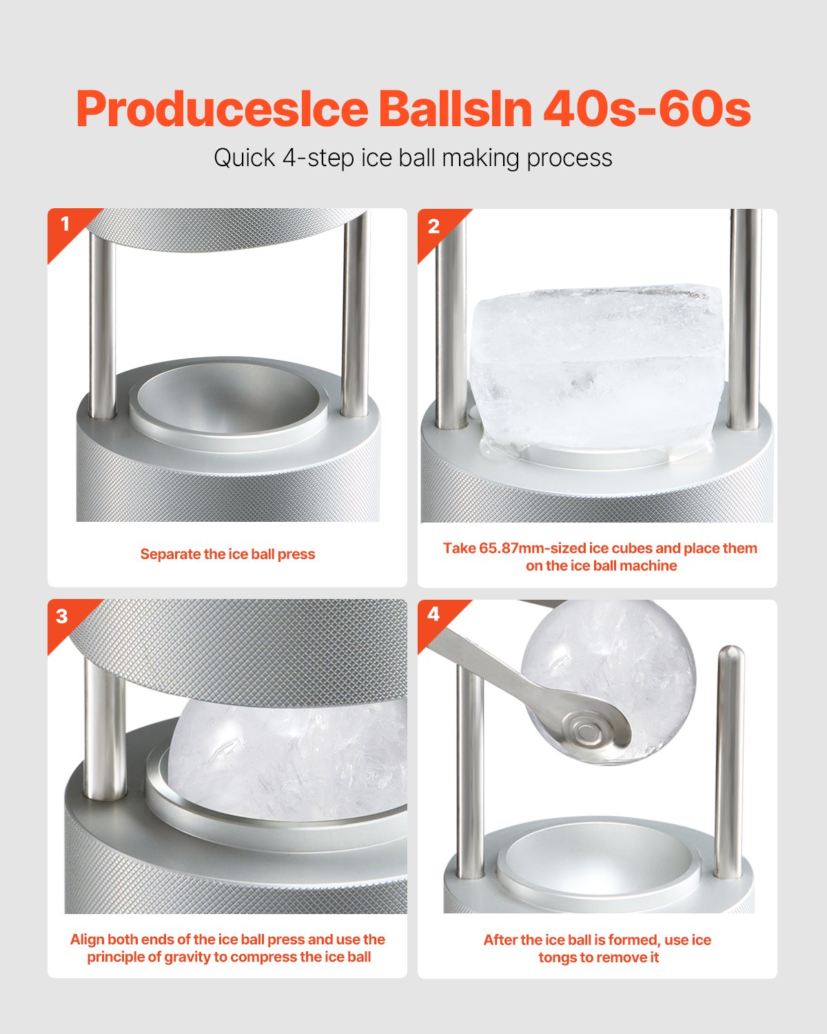 VEVOR Ice Ball Press, 2.1" Ice Ball Maker, Aviation Aluminum Ice Ball Press Kit for 53mm Ice Sphere, Ice Press with Tong and Drip Tray, for Whiskey, Cocktail, Bourbon, Scot on Party & Holiday - BQYJYSLC53MMB9SO7V0 - view 4