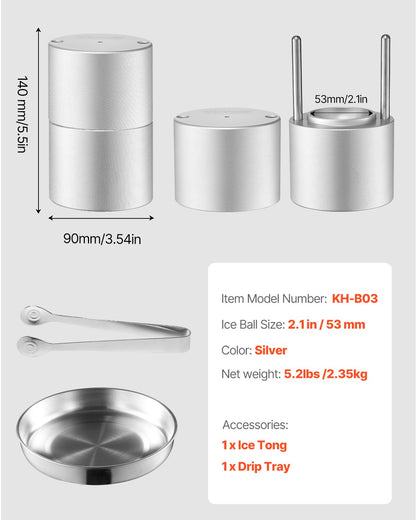 VEVOR Ice Ball Press, 2.1" Ice Ball Maker, Aviation Aluminum Ice Ball Press Kit for 53mm Ice Sphere, Ice Press with Tong and Drip Tray, for Whiskey, Cocktail, Bourbon, Scot on Party & Holiday - BQYJYSLC53MMB9SO7V0 - view 8