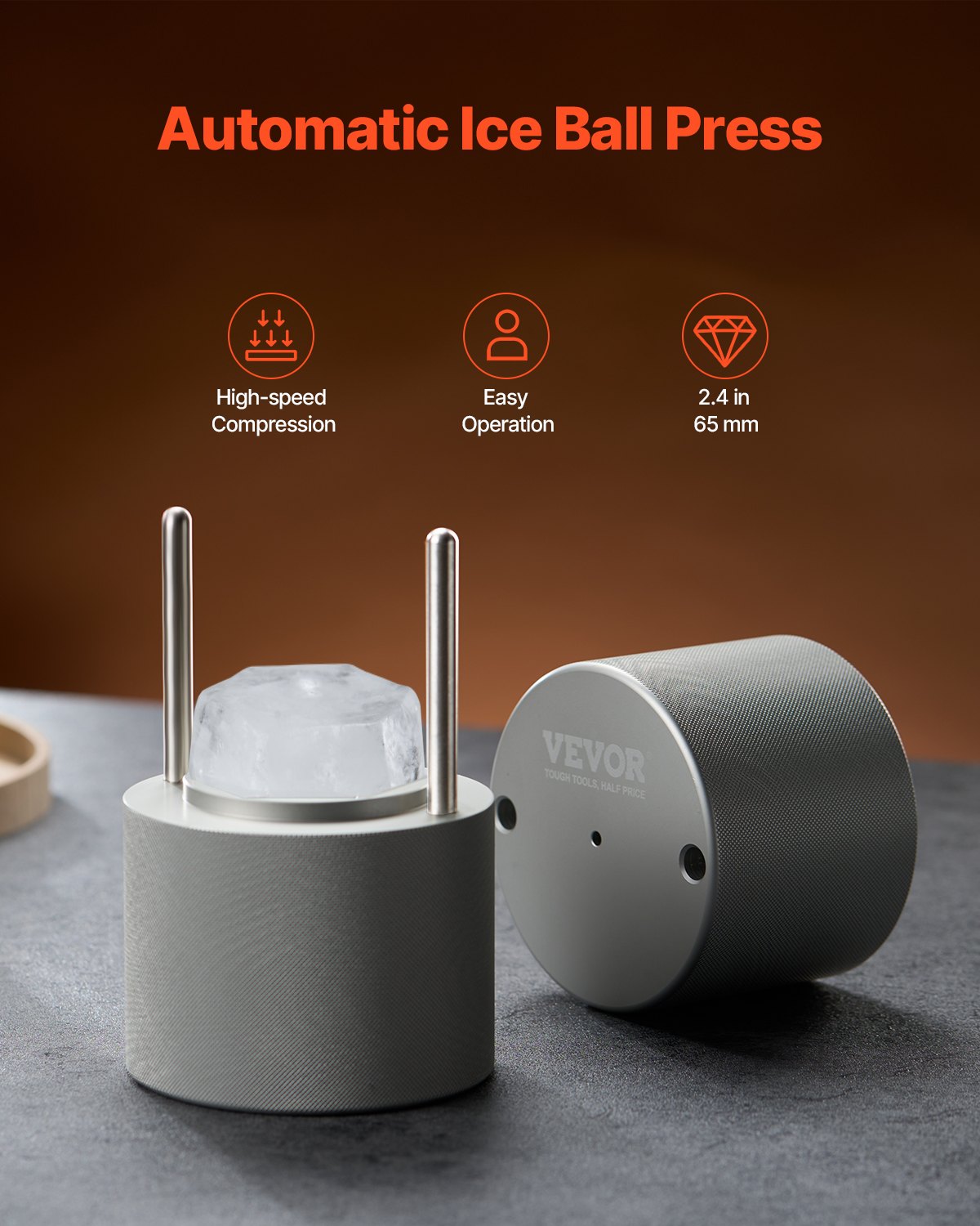 VEVOR Ice Diamond Press, 2.4" Ice Ball Maker, Aviation Aluminum Diamond Ice Ball Press Kit for Ice Diamond, Ice Press with Tong and Drip Tray, for Whiskey, Cocktail, Bourbon, Scot on Party & Holiday - BQYJYSLC65MMD7AI9V0 - view 3