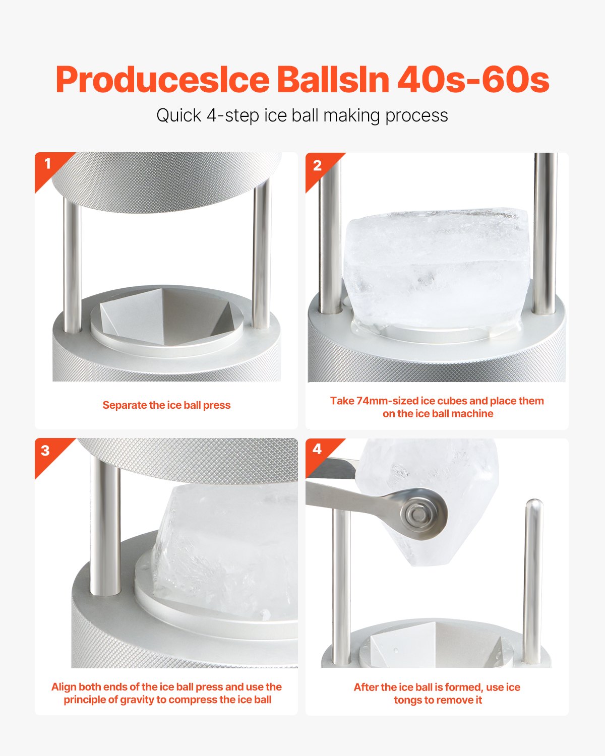 VEVOR Ice Diamond Press, 2.4" Ice Ball Maker, Aviation Aluminum Diamond Ice Ball Press Kit for Ice Diamond, Ice Press with Tong and Drip Tray, for Whiskey, Cocktail, Bourbon, Scot on Party & Holiday - BQYJYSLC65MMD7AI9V0 - view 4