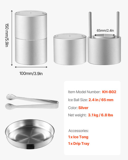 VEVOR Ice Diamond Press, 2.4" Ice Ball Maker, Aviation Aluminum Diamond Ice Ball Press Kit for Ice Diamond, Ice Press with Tong and Drip Tray, for Whiskey, Cocktail, Bourbon, Scot on Party & Holiday - BQYJYSLC65MMD7AI9V0 - view 8
