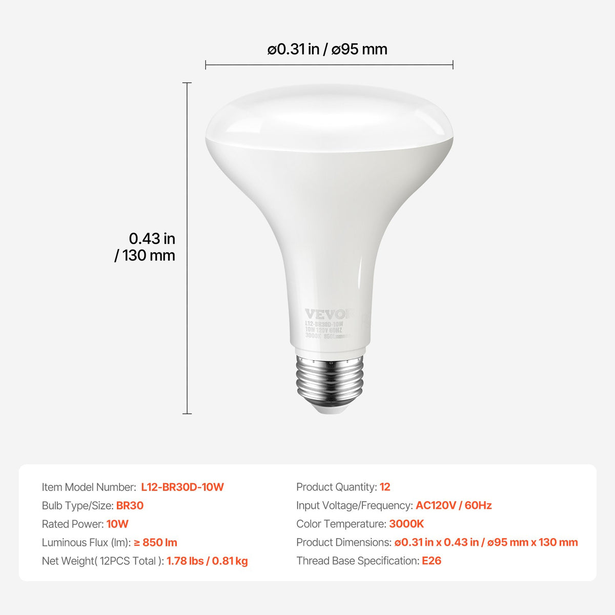 VEVOR BR30 Flood Light Bulb, 12 Pack LED Indoor Flood Lights, 850 Lumens LED Flood Light Bulbs, E26 Standard Base, 3000K Warm Light, 15,000 Hour Lifetime, Stepless Dimmable Recessed Can Light Bulbs - BRDPLXBR30XHYAMY6V6 - view 8